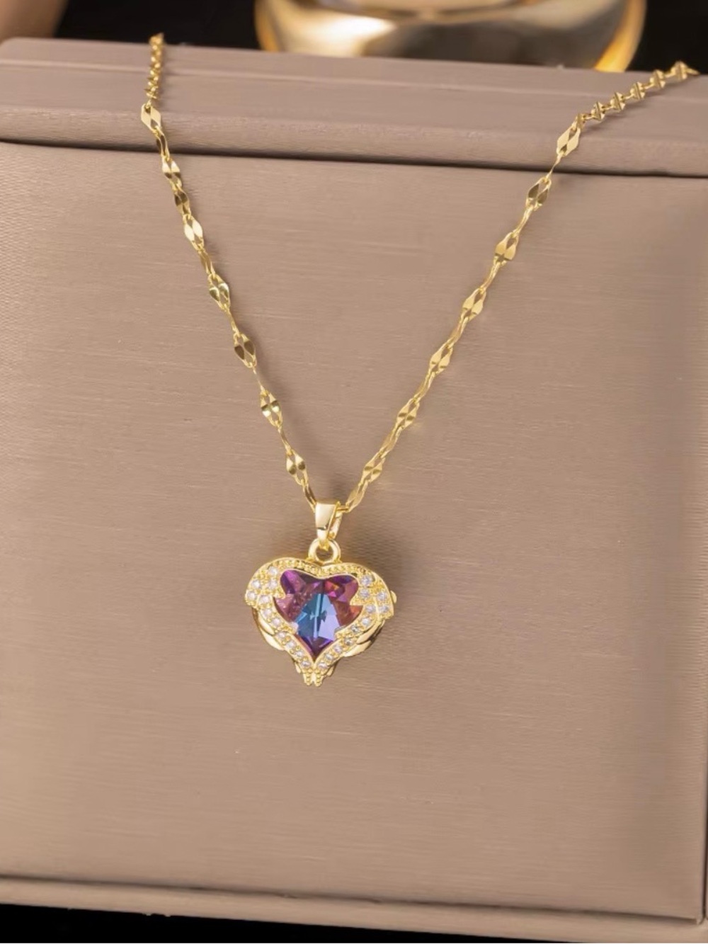 Gold Heart Pendant Necklace with Iridescent Purple-Blue Crystal